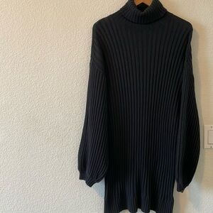 Urban Outfitters Soft, Ribbed Knit Black Balloon Sleeve Turtleneck Dress, Medium